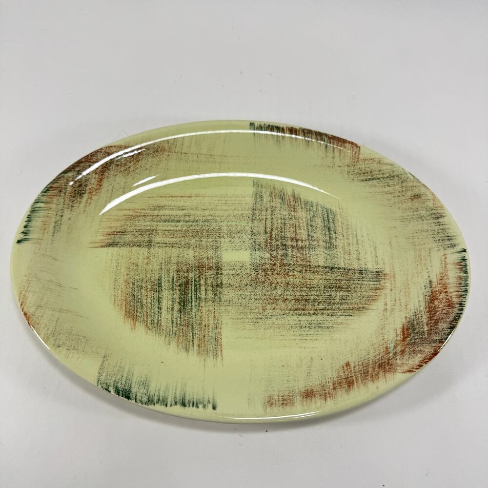 Vintage Serving Platter Plate Vernon Ware Raffia Green Brown MCM Dinnerware